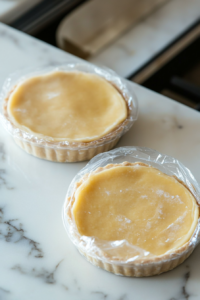 Dough is divided into two portions on a white marble cooktop. One portion is wrapped in plastic wrap and placed in the fridge, while the other is being pressed evenly into the tart pan.