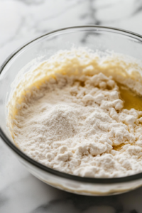 A greased glass bowl sits on a white marble cooktop, holding the sticky focaccia dough. A kitchen towel covers the bowl as the dough rests and begins to rise.