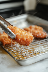 Freshly fried chicken being lifted from the hot oil with tongs and placed onto a wire rack set over a baking sheet on the white marble cooktop. The crispy, golden crust glistens as excess oil drips off.