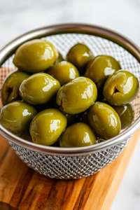 A close-up of Kalamata olives being drained in a small sieve over a white marble cooktop, with a few glossy, deep-purple olives resting on a wooden cutting board, ready to enhance the salad’s rich flavors.