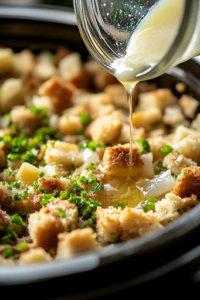 Melted butter being drizzled over the stuffing layer in the slow cooker. The golden liquid glistens as it soaks into the seasoned crumbs, enhancing the dish’s rich and crispy texture.