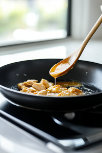 A close-up of a black skillet on the white marble cooktop, as a wooden spoon drizzles melted garlic butter over the perfectly golden chicken. The rich butter glistens, soaking into the meat and enhancing its flavor.