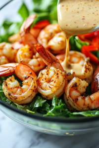 Creamy Cajun Caesar dressing being drizzled generously over the shrimp and greens in a glass salad bowl on a white marble cooktop. A spoon is mid-pour, evenly coating the salad with the creamy dressing.