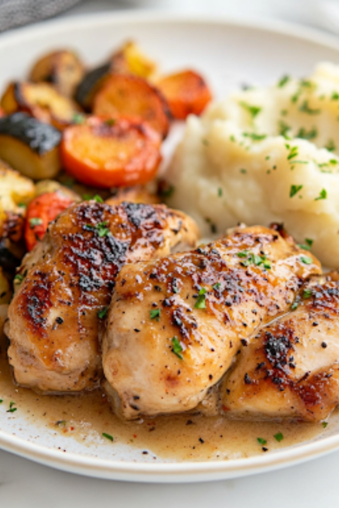 A close-up shot of a plate of garlic butter chicken served hot with a side of roasted vegetables and mashed potatoes on a white marble countertop. Steam rises, highlighting the dish’s fresh, savory appeal, ready to be enjoyed.