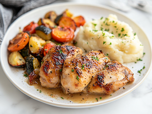 A close-up shot of a plate of garlic butter chicken served hot with a side of roasted vegetables and mashed potatoes on a white marble countertop. Steam rises, highlighting the dish’s fresh, savory appeal, ready to be enjoyed.