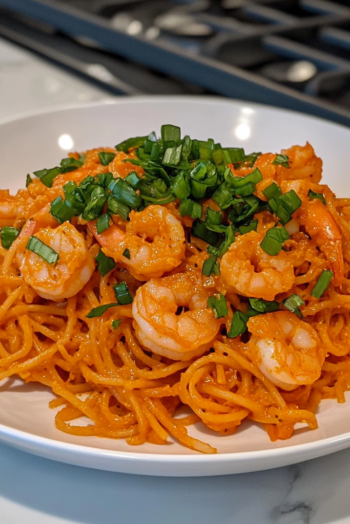 A plated serving of Bang Bang Shrimp Pasta on a white dish, garnished with bright green chopped scallions. A fork is twirling some noodles, ready to be enjoyed.