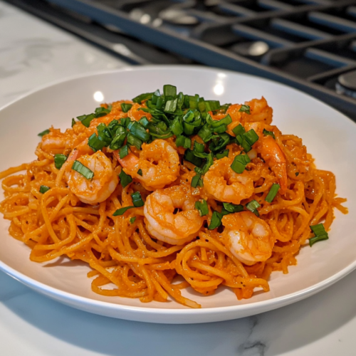 A plated serving of Bang Bang Shrimp Pasta on a white dish, garnished with bright green chopped scallions. A fork is twirling some noodles, ready to be enjoyed.