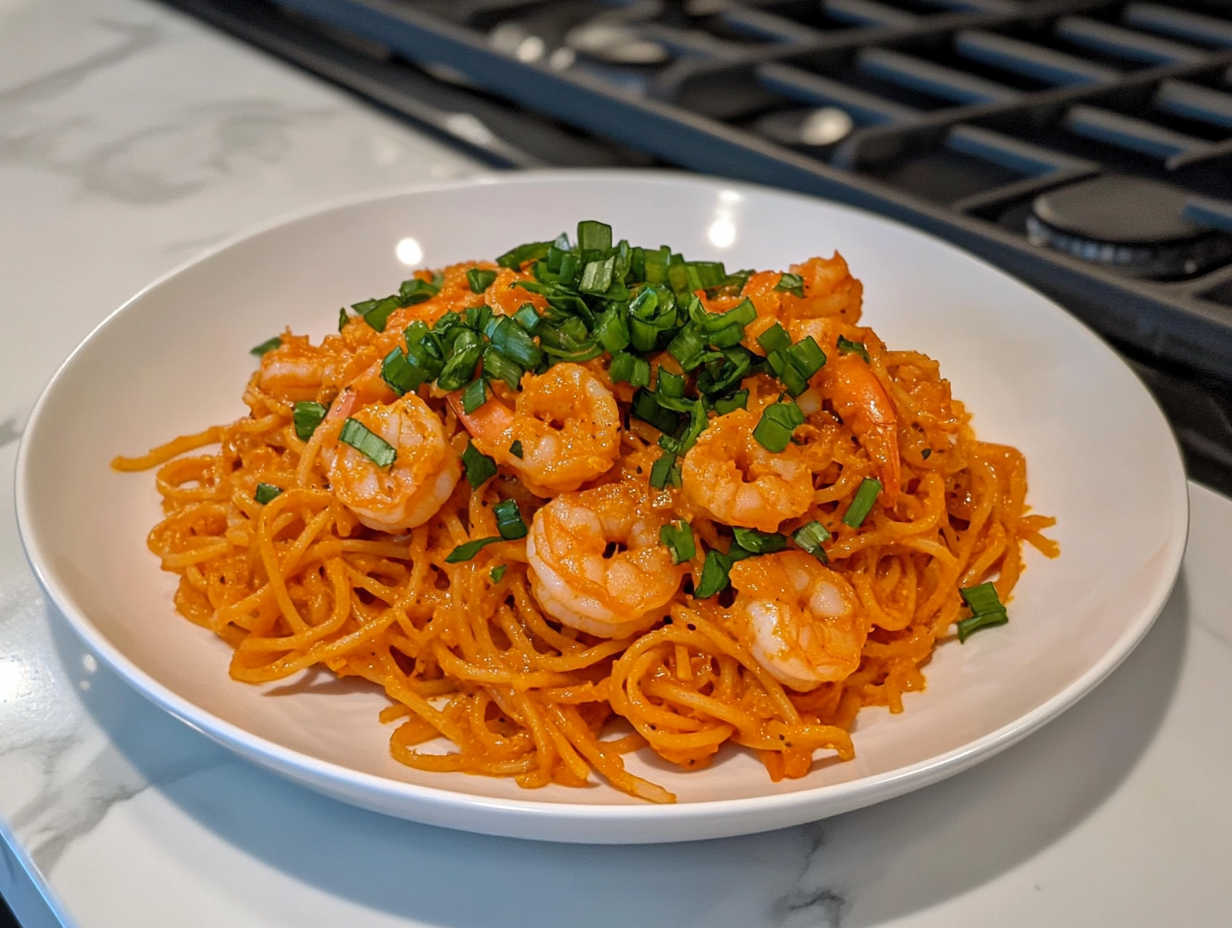 A plated serving of Bang Bang Shrimp Pasta on a white dish, garnished with bright green chopped scallions. A fork is twirling some noodles, ready to be enjoyed.