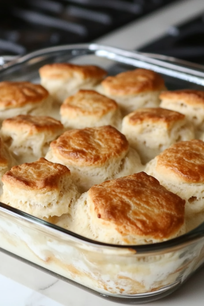 A glass baking dish on a white marble cooktop, now topped with evenly arranged biscuit quarters. The casserole is freshly out of the oven, with golden brown biscuits on top, slightly crisp and flaky.