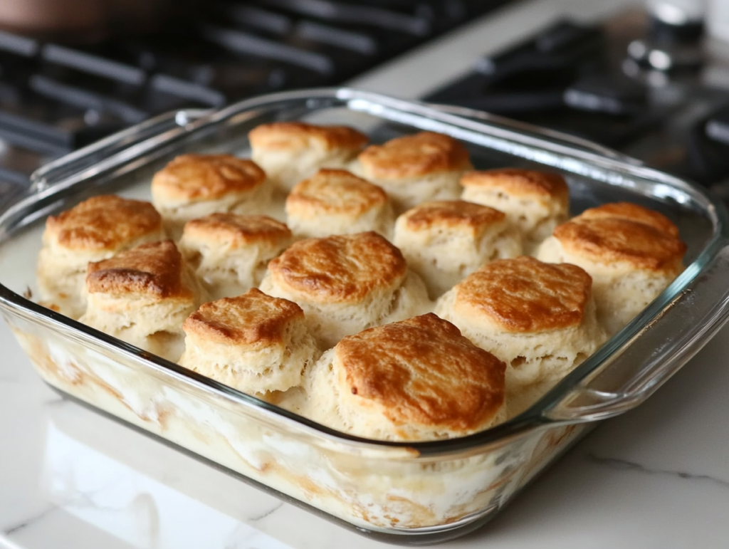 A glass baking dish on a white marble cooktop, now topped with evenly arranged biscuit quarters. The casserole is freshly out of the oven, with golden brown biscuits on top, slightly crisp and flaky.