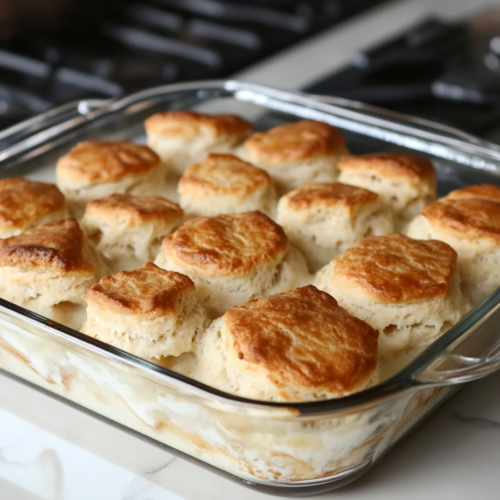 A glass baking dish on a white marble cooktop, now topped with evenly arranged biscuit quarters. The casserole is freshly out of the oven, with golden brown biscuits on top, slightly crisp and flaky.