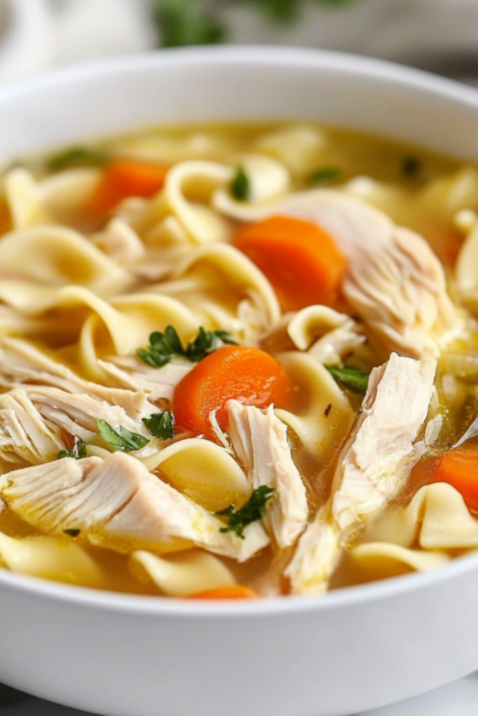 A ladle scoops the finished chicken noodle soup from the pot, filled with tender chicken, noodles, and vibrant carrots. The golden broth glistens as the ladle hovers over a rustic ceramic bowl, ready to serve.