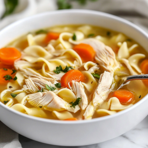 A ladle scoops the finished chicken noodle soup from the pot, filled with tender chicken, noodles, and vibrant carrots. The golden broth glistens as the ladle hovers over a rustic ceramic bowl, ready to serve.