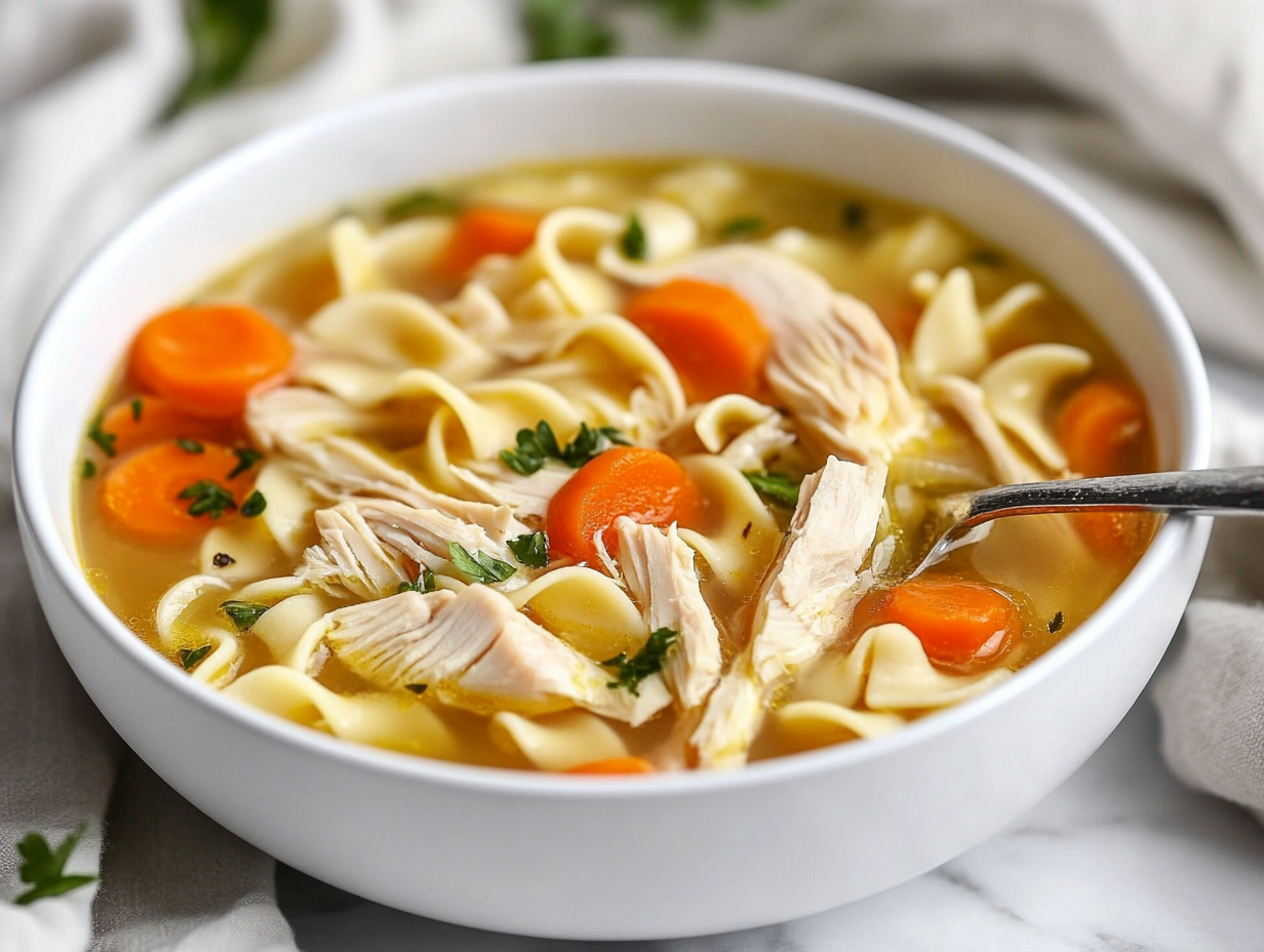 A ladle scoops the finished chicken noodle soup from the pot, filled with tender chicken, noodles, and vibrant carrots. The golden broth glistens as the ladle hovers over a rustic ceramic bowl, ready to serve.
