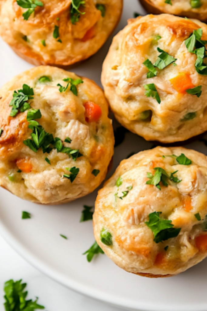 A serving plate with warm, golden-brown chicken pot pie muffins, garnished with fresh parsley. The plate sits on the white marble cooktop, ready to be enjoyed as a comforting homemade meal.