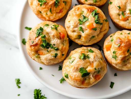 A serving plate with warm, golden-brown chicken pot pie muffins, garnished with fresh parsley. The plate sits on the white marble cooktop, ready to be enjoyed as a comforting homemade meal.