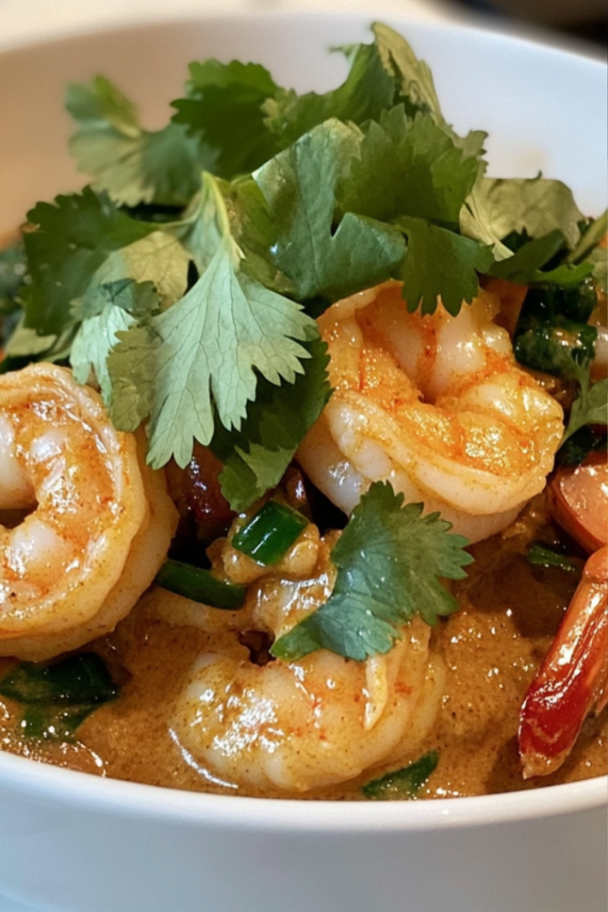 Close-up shot of a bowl of cooked rice on the white marble cooktop, topped with a generous portion of the coconut curry shrimp mixture. Fresh cilantro is sprinkled on top for garnish, adding a burst of green