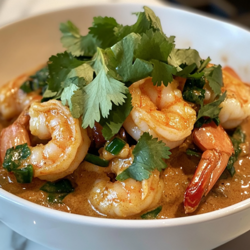 Close-up shot of a bowl of cooked rice on the white marble cooktop, topped with a generous portion of the coconut curry shrimp mixture. Fresh cilantro is sprinkled on top for garnish, adding a burst of green