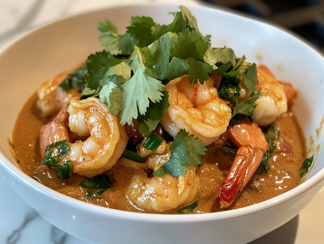 Close-up shot of a bowl of cooked rice on the white marble cooktop, topped with a generous portion of the coconut curry shrimp mixture. Fresh cilantro is sprinkled on top for garnish, adding a burst of green