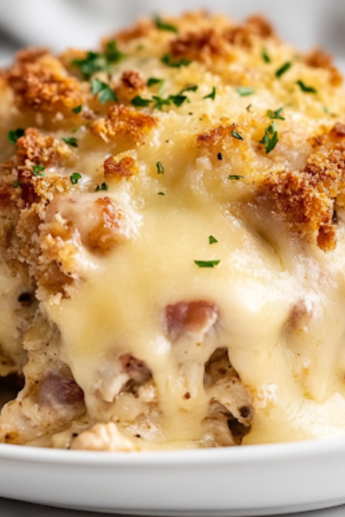 A serving spoon lifting a portion of fully cooked Slow Cooker Chicken Cordon Bleu from the slow cooker. The melted cheese oozes between the layers, while the crispy golden stuffing topping adds a perfect crunch.