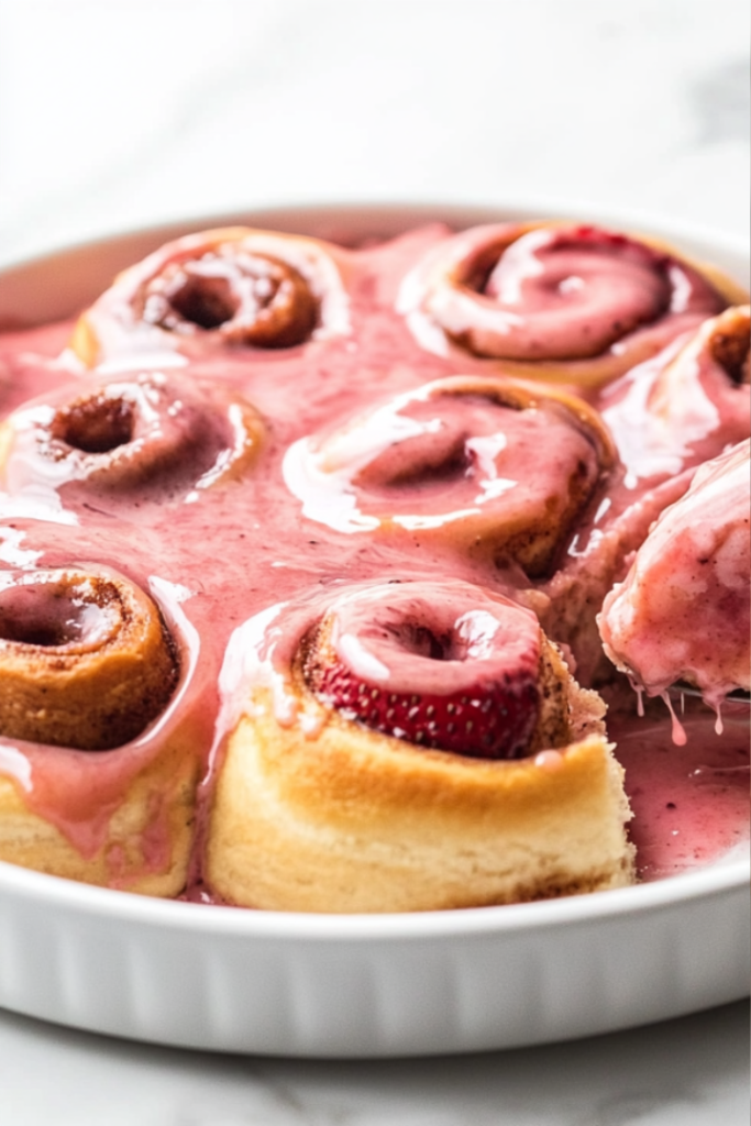 A spoon drizzling a smooth, pink strawberry glaze over the warm rolls, ready to be enjoyed.