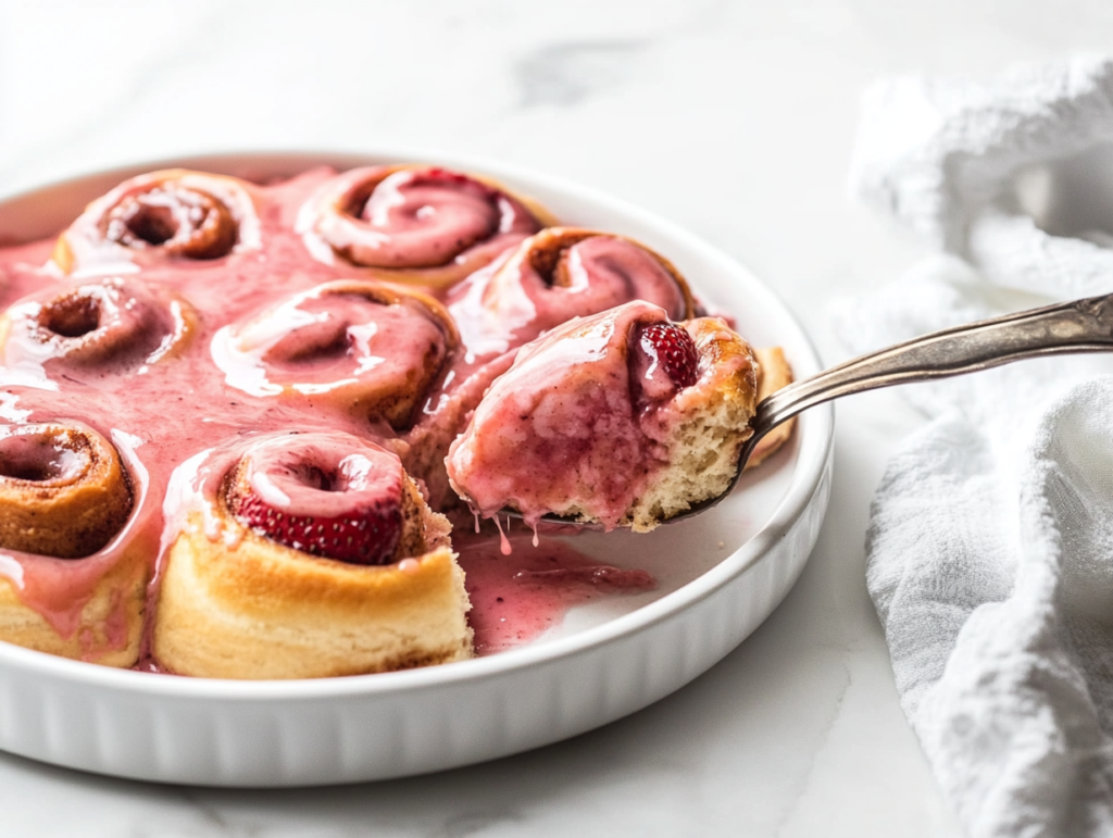 A spoon drizzling a smooth, pink strawberry glaze over the warm rolls, ready to be enjoyed.