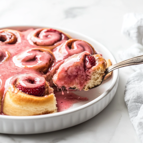 A spoon drizzling a smooth, pink strawberry glaze over the warm rolls, ready to be enjoyed.