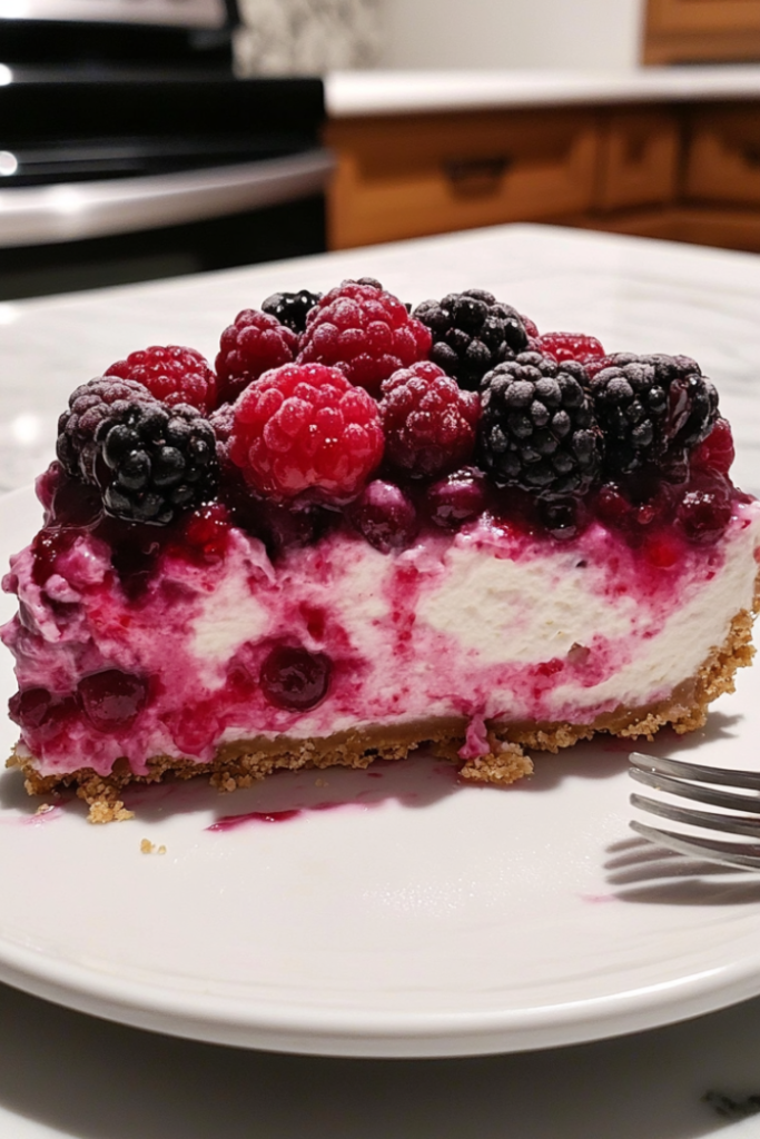 A slice of berry-topped cheesecake on a plate, ready to be served.