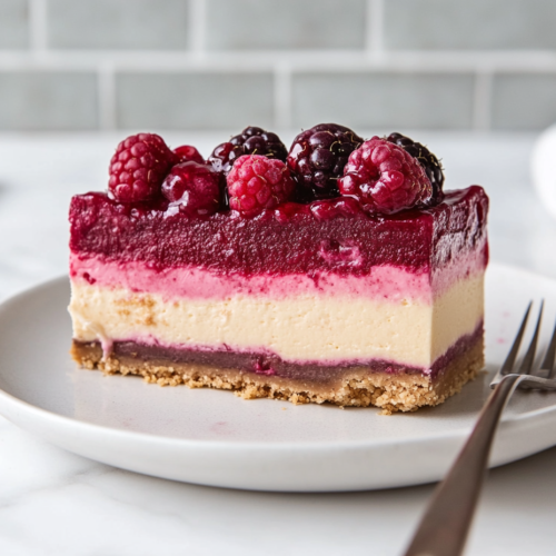 A slice of berry-topped cheesecake on a plate, ready to be served.
