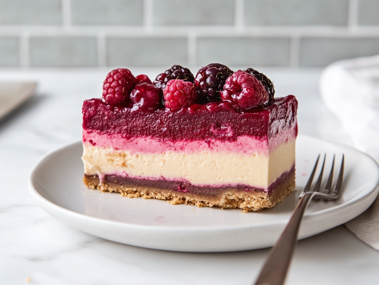 A slice of berry-topped cheesecake on a plate, ready to be served.