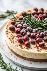 Close-up shot of the finished Eggnog Cheesecake, beautifully decorated with sugared cranberries, fresh rosemary, and a sprinkle of nutmeg