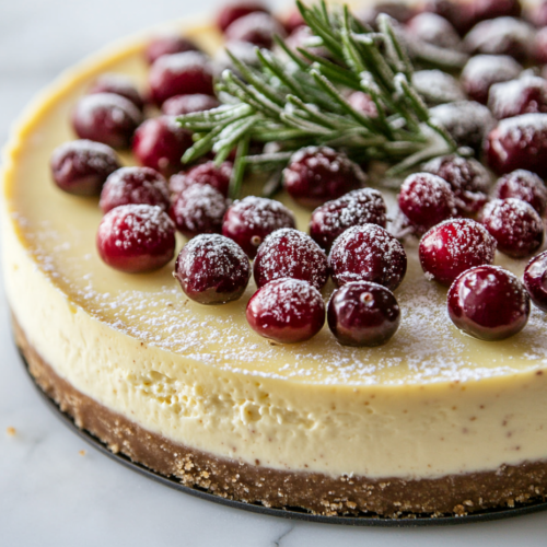 Close-up shot of the finished Eggnog Cheesecake, beautifully decorated with sugared cranberries, fresh rosemary, and a sprinkle of nutmeg