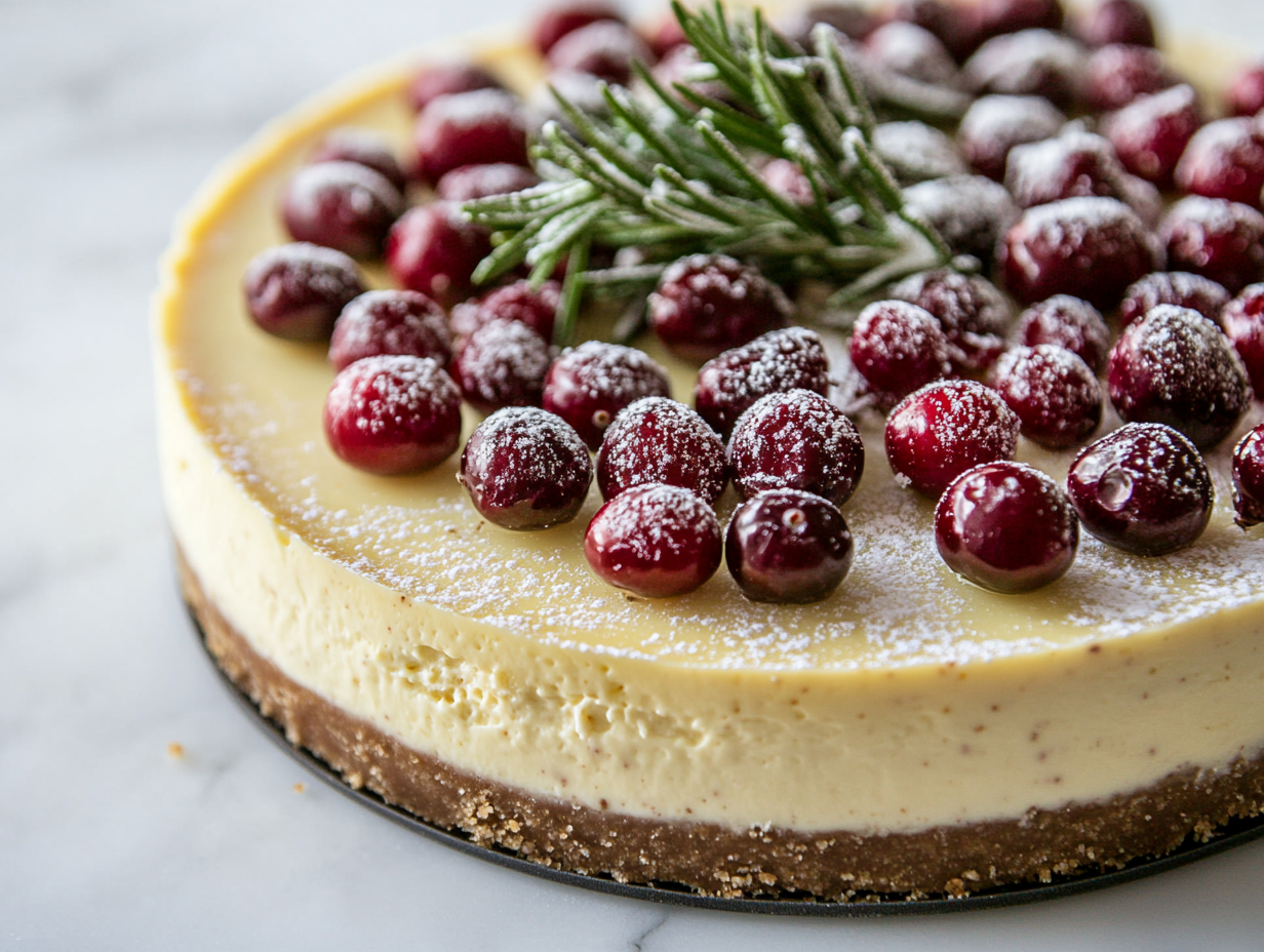 Close-up shot of the finished Eggnog Cheesecake, beautifully decorated with sugared cranberries, fresh rosemary, and a sprinkle of nutmeg