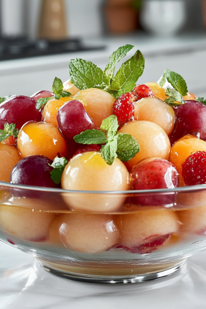 Close-up shot of a chilled fruit salad in a glass serving bowl, drizzled with citrus-honey sauce and garnished with fresh mint leaves, ready to be enjoyed.
