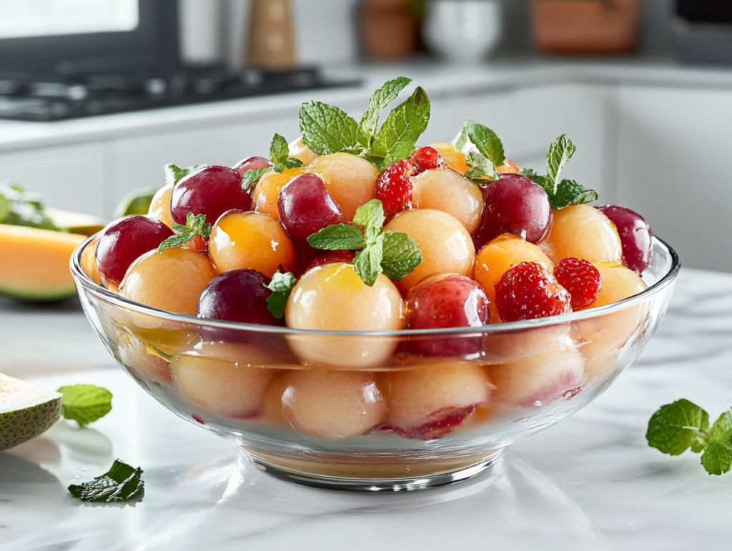Close-up shot of a chilled fruit salad in a glass serving bowl, drizzled with citrus-honey sauce and garnished with fresh mint leaves, ready to be enjoyed.