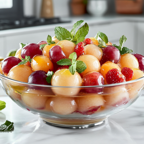 Close-up shot of a chilled fruit salad in a glass serving bowl, drizzled with citrus-honey sauce and garnished with fresh mint leaves, ready to be enjoyed.