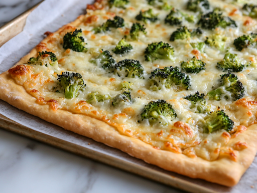 A close-up of the finished Keto Broccoli White Pizza on a parchment-lined baking sheet. The melted cheese is bubbly, the edges are crisp, and the broccoli is slightly roasted, ready to be sliced and enjoyed.