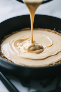 A hand pouring the creamy cheesecake filling into the cooled crust, spreading it evenly with a spatula.