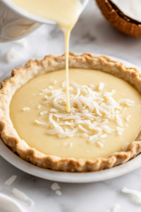 Warm coconut filling is being poured into the cooled pie crust on the white marble cooktop, spreading evenly and filling the crust completely.