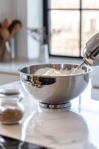 A mixing bowl with an electric mixer beating cream cheese and sugar until light and fluffy.