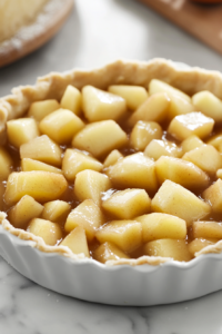 A prepared pie crust on a white marble cooktop, filled with the sugared apple mixture. The apples form a slight mound inside the crust, with some juice visible.