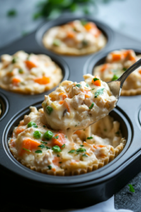 A spoon is scooping the creamy chicken and vegetable mixture into the prepared biscuit cups in the muffin tin. Each cup is generously filled, ensuring a perfect balance of filling and crust in every bite.