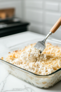 A greased 9×13-inch glass casserole dish on the white marble cooktop, with the creamy chicken and rice mixture being evenly spread inside using a spatula. The mixture settles smoothly, ready for the final topping.