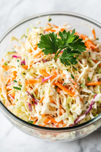 A close-up shot of the completed Keto Coleslaw in a large glass mixing bowl on a white marble cooktop. The creamy dressing has evenly coated the vibrant shredded vegetables, with a sprig of fresh parsley garnishing the top, ready to be served.