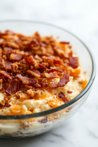 A close-up shot of crispy crumbled bacon being scattered over the cheddar cheese layer in the glass serving bowl on the white marble cooktop. The final layer is complete, ready to be chilled before serving.