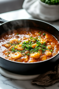The remaining marinade being poured into the skillet with the shrimp, simmering together for 1-2 minutes until the shrimp are fully cooked.