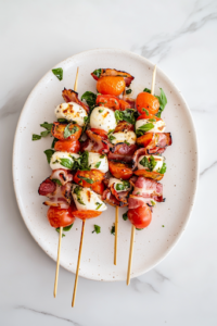 A close-up shot of the final caprese bacon skewers dish, beautifully drizzled with balsamic glaze and sprinkled with fresh cracked black pepper, served on a plate with a glossy sheen from the oil and pesto, all set on the white marble cooktop, ready to be enjoyed.