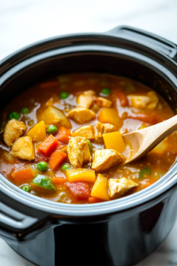 A close-up shot of the black slow cooker on the white marble cooktop, with the finished chicken and vegetable stew inside. The tender chunks of chicken and softened vegetables peek through the thick, golden broth, while a wooden spoon rests nearby, ready to stir.