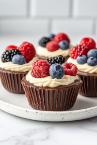 The finished chocolate cups on a plate, with cream cheese filling piped inside and topped with fresh mixed berries (strawberries, blueberries, raspberries, and blackberries). The cups are set on the white marble cooktop, ready to be refrigerated