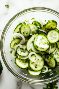 A close-up shot of the finished creamy cucumber salad served in a white ceramic bowl on the white marble cooktop, with flecks of fresh dill and a silky dressing glistening on the crisp cucumber slices, making it look refreshing and ready to be enjoyed.